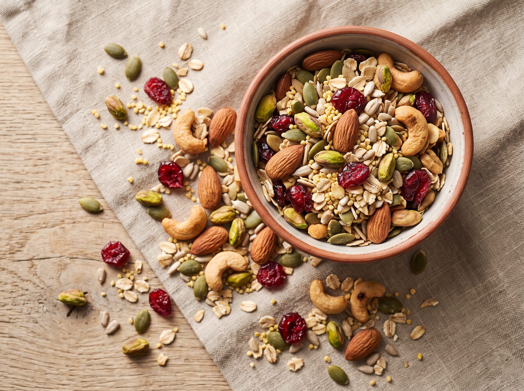 Millets, oats, nuts and seeds laid out on stone — the grains behind Roasted Route